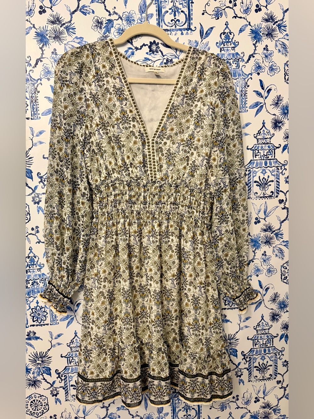 Smocked V-Neck Floral Midi Dress in Ivory and Olive